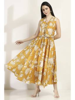 Rangriti - Women's Yellow Viscose Blend Flared Dress