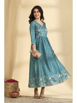 Rangriti - Women Teal Printed Viscose Blend Ethnic Dress
