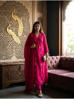 KAPLY - Pink Embroidered Straight Cotton Kurta and Pant with Dupatta