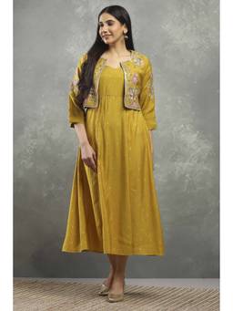 Rangriti - Women's Mustard Viscose Blend Printed Kalidar Dress