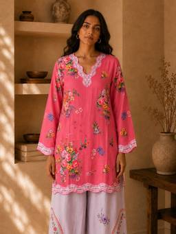 HOUSE OF KARI - Pink Cotton Blend Printed Kurta and Palazzo