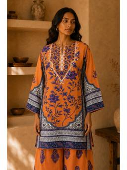 HOUSE OF KARI - Orange Cotton Blend Printed Kurta and Palazzo