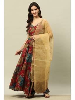 Rangriti - Red Viscose Blend Straight Printed Lehenga and Blouse with Dupatta