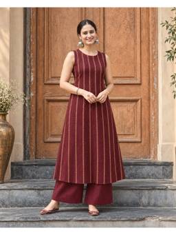 MYSHKA - Maroon Printed Sleeveless A-Line Kurta with Palazzo