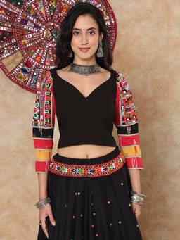 SALWAR STUDIO - Black Mirror-Work Sweetheart Neck Cotton Padded Garba Navratri Blouse