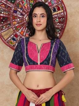 SALWAR STUDIO - Multi-Color Multicolor Ikat Cotton Padded Garba Navratr Saree Blouse