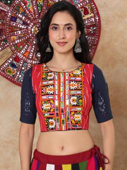 SALWAR STUDIO - Red Embroidered Mirror Ikat Cotton Padded Garba Navratri Saree Blouse