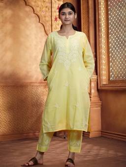 Shwet Heritage - Embroidered Lucknowi Chikankari Yellow Kurta and Pant