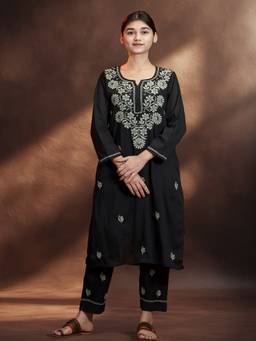 Shwet Heritage - Embroidered Lucknowi Chikankari Black Kurta and Pant