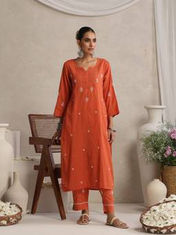 Shwet Heritage - Embroidered Lucknowi Chikankari Rust Kurta and Pant