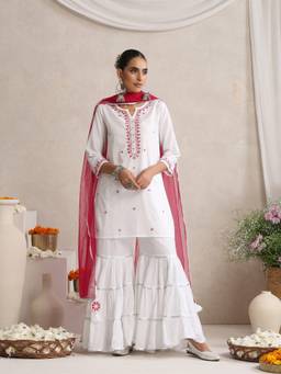 Shwet Heritage - Embroidered Lucknowi Chikankari White Kurta and Sharara with Dupatta
