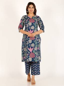 ARAMYA - Blue Soft Cotton Straight Floral Print Kurta And Palazzo