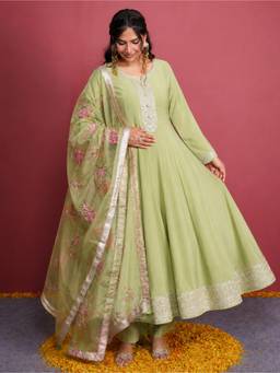 ARAMYA - Green Chanderi Anarkali Kurta And Pant With Dupatta