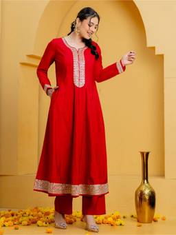 ARAMYA - Red Chanderi Anarkali Kurta And Pant
