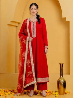 ARAMYA - Red Chanderi Kurta And Pant With Dupatta