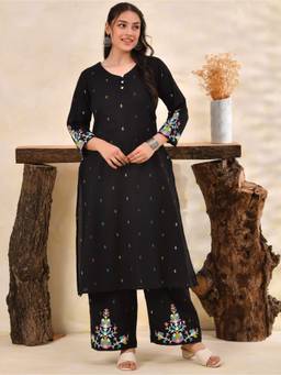 ARAMYA - Black Linen Cotton A-Line Butti Kurta And Palazzo