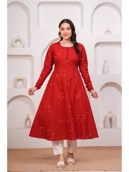 ARAMYA - Red Soft Cotton A-Line Quirky Print Anarkali Kurta And Pant