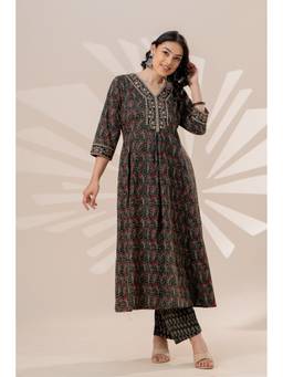 ARAMYA - Green Soft Cotton Jaal Print Anarkali Kurta And Palazzo