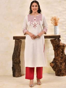 ARAMYA - Off White Slub Cotton Straight Kurta And Pant