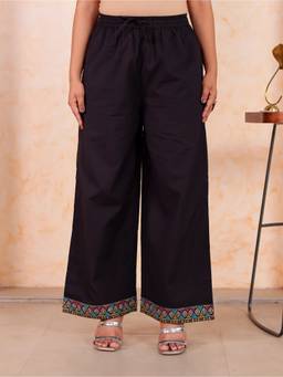 ARAMYA - Women Black Embroidered Cotton Palazzo