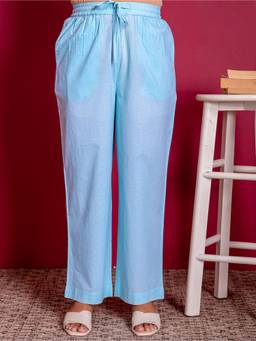 ARAMYA - Womens Blue Solid Cotton Pant
