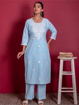 ARAMYA - Blue Soft Cotton Straight Kurta And Pant