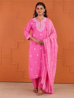 ARAMYA - Pink Soft Cotton Kurta And Pant With Dupatta