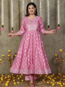 ARAMYA - Pink Chanderi Foil Print Anarkali Kurta And Palazzo