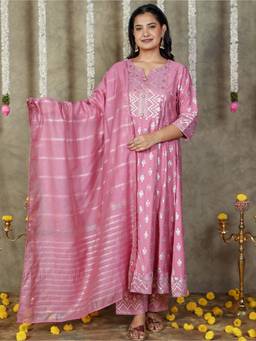 ARAMYA - Pink Chanderi Foil Print Anarkali Kurta And Palazzo With Dupatta