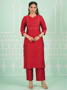 ARAMYA - Red Chanderi Straight Gold Foil Print Kurta And Pant