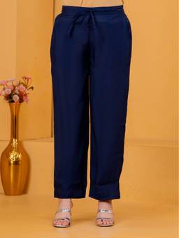 ARAMYA - Women Navy Blue Solid Chanderi Pant
