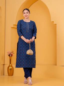 ARAMYA - Navy Blue Chanderi Straight Print Kurta And Pant