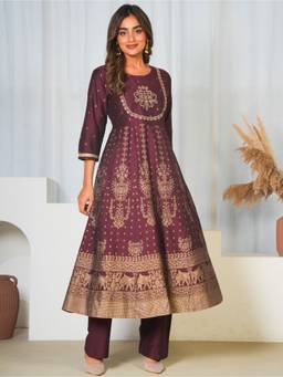 ARAMYA - Maroon Chanderi Gold Foil Print Anarkali Kurta And Pant