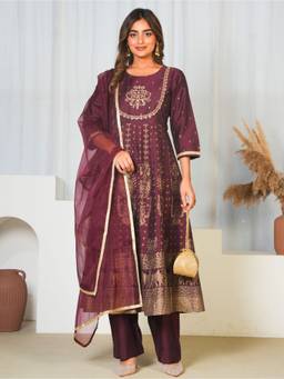 ARAMYA - Maroon Chanderi Foil Anarkali Print Kurta And Pant With Dupatta