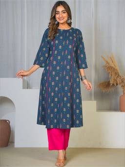 ARAMYA - Blue Soft Cotton Flared Butti Print Kurta And Palazzo