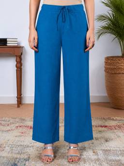 ARAMYA - Women Blue Solid Cotton Pant