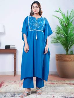 ARAMYA - Blue Soft Cotton Kaftan And Pant