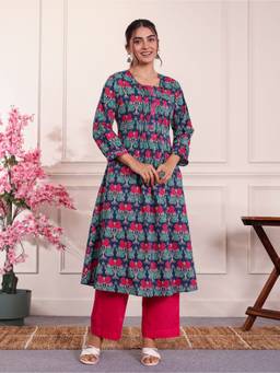 ARAMYA - Blue Soft Cotton Flared Floral Print Kurta And Pant