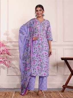 ARAMYA - Purple Soft Cotton Kurta And Pant With Dupatta
