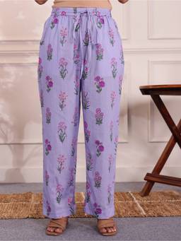 ARAMYA - Women Lavender Floral Cotton Pant