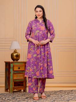 ARAMYA - Purple Linen Cotton A-Line Floral Print Kurta And Pant