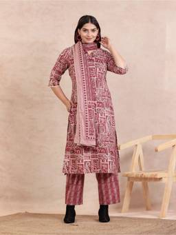 ARAMYA - Beige Soft Cotton Paisley Print Kurta And Pant With Dupatta