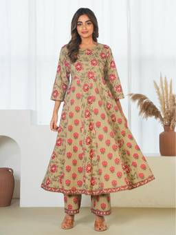 ARAMYA - Beige Soft Cotton Floral Print Anarkali Kurta And Palazzo