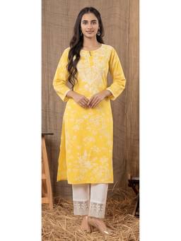 KAPLY - Yellow Chikankari Straight Cotton Kurta with Pant