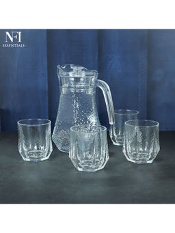 NFI Essentials - 5-Piece Hammered Glassware Set, 1 Water Jug With Handle And Lid & 4 Matching Tumblers