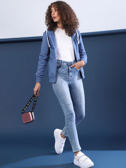 Campus Sutra - Blue Women Solid Stylish Casual Zipper Hooded Sweatshirts