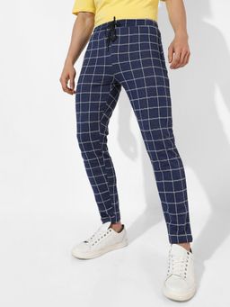 Campus Sutra - Men Dark Blue Checkered Regular Fit Trackpants