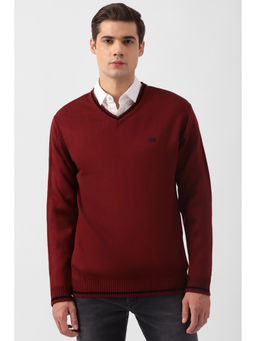 Peter England - Men Maroon Solid V Neck Sweater