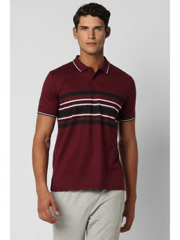 Van Heusen - Men Maroon Stripe Polo Neck T-Shirt