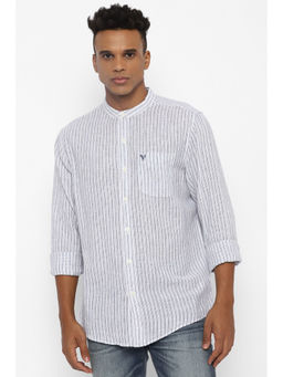 American Eagle - Men Navy Band Collar Linen Striped Button-Up Shirt